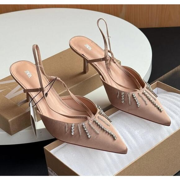 ZARA BLOGGER FAVE!!! Rhinestone Embellished Slingback Heels NWT 🤎 - Picture 6 of 16